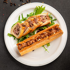 pate en crout in pastry natural baking healthy food main course ingredient appetizer fresh tasty table setting gourmet food background on the table rustic food top view copy space