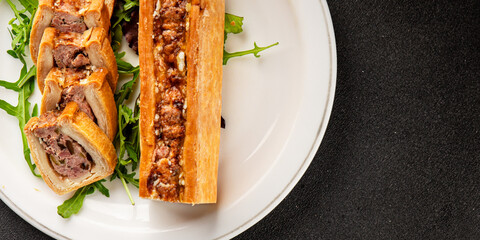 pate en crout in pastry natural baking healthy food main course ingredient appetizer fresh tasty table setting gourmet food background on the table rustic food top view copy space