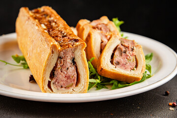 pate en crout in pastry natural baking healthy food main course ingredient appetizer fresh tasty table setting gourmet food background on the table rustic food top view copy space