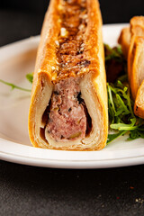 pate en crout in pastry natural baking healthy food main course ingredient appetizer fresh tasty table setting gourmet food background on the table rustic food top view copy space