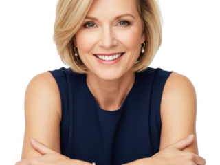Smiling middleaged businesswoman with blonde hair leaning on a white surface isolated on transparent background