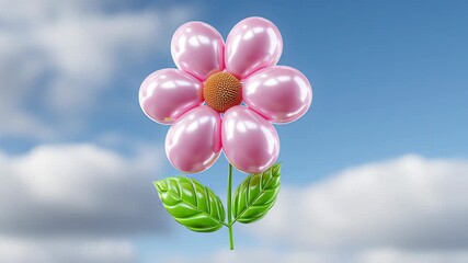 Colorful balloon flower design with glossy petals and vibrant green leaves floating against a bright blue sky, showcasing a whimsical and playful aesthetic in a cheerful outdoor setting