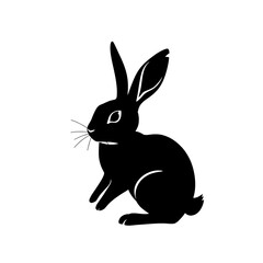 Sleek black bunny silhouette illustration depicting a wild or domestic rabbit in a clean, graphic style
