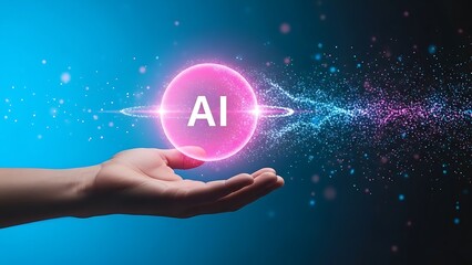 A hand holding a glowing pink orb with ai written in white on a blue background with particles