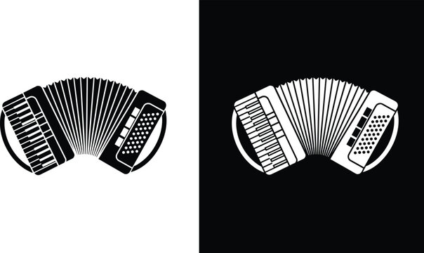 Accordion silhouette vector illustration with black and white contrast, musical instrument design, bellows expanded, keyboard and button panel visible.