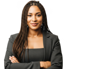 Smiling businesswoman with braided hair isolated on transparent background and a professional attitude