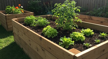 A wooden raised garden bed filled with various leafy green plants and herbs in a backyard setting