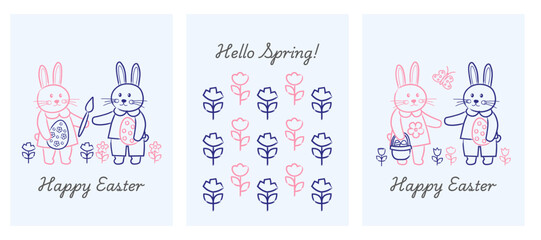 Fototapeta premium Easter greeting cards. Easter vertical banners with rabbits, eggs, flowers. Happy Easter cute cards collection in hand drawn modern folk style.