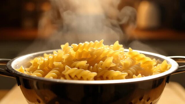 Steaming fusilli pasta in a colander with steam rising, showcasing delicious pasta dish.