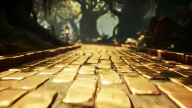 Walking on gold bricks path; background mysterious forest. Storytelling concept