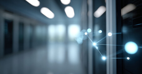 Abstract representation of digital network connections in a modern data center corridor with blurred server racks and glowing nodes