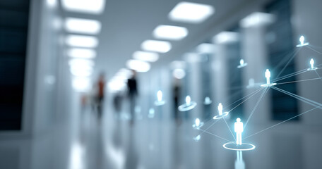 Abstract digital network connection with glowing human icons in modern corridor representing communication and social interaction