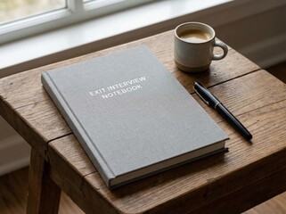 Thoughtful workspace featuring an exit interview notebook resting on a rustic wooden table accompanied by a coffee cup and pen showcasing a blend of creativity and professionalism