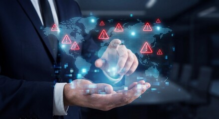 Global Earth World cyber threats hologram businessman hand with world map alerts digital concept