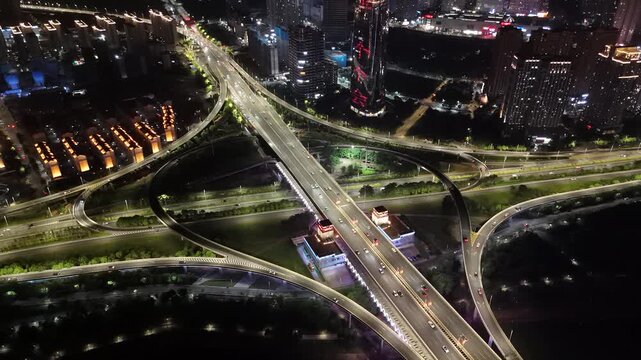 Nanchang Night Aerial Highway Overpass - Intricate City Traffic View