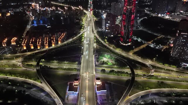 Nanchang Night Aerial City Overpass Traffic Shot