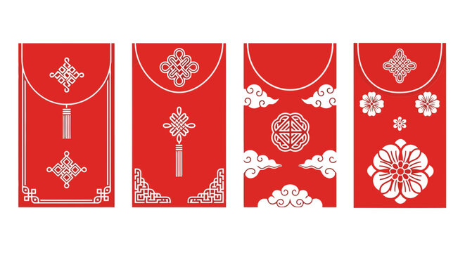 Traditional Chinese red envelopes with intricate silver designs