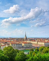 Fototapeta premium Turin Panoramic Cityscape with Mole Antonelliana from Monte dei Cappuccini Hill