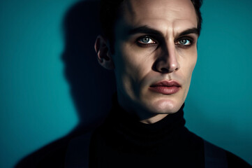 A dramatically lit portrait captures a young Caucasian man wearing dark eye makeup and a black turtleneck against a vibrant teal background.