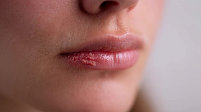 Herpes Simplex Virus (HSV-1) Lesion and Cold Sore Blisters on a Woman's Lower Lip