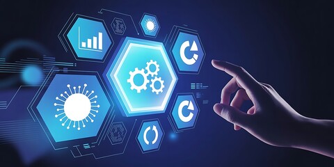 Hand Interacting with Futuristic Digital Interface of Hexagonal Icons and Data Visualization