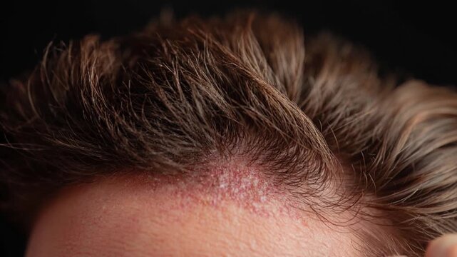 He passes the hand on scalp with psoriasis showing flaking and redness. Dermatology and autoimmune skin disease concept.
