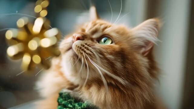 St. Patrick's Day: A curious orange cat wearing a green bow tie looks out the window at Christmas lights in a heartwarming video.