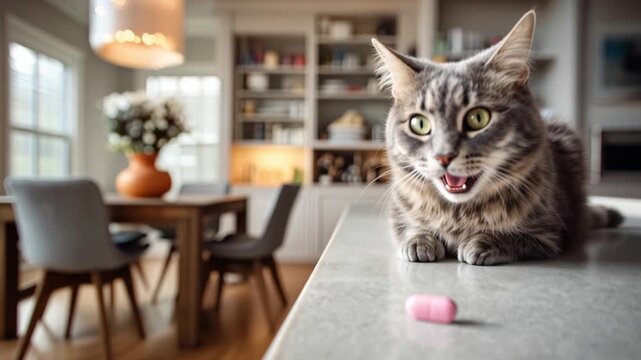 The cat looks at the pill with fear and indignation