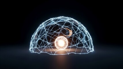 Futuristic digital brain network with glowing core, wireframe dome, neural connections, artificial intelligence concept, data flow, innovation technology background, abstract sci fi illustration desig