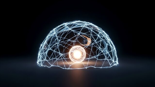 Futuristic digital brain network with glowing core, wireframe dome, neural connections, artificial intelligence concept, data flow, innovation technology background, abstract sci fi illustration desig - Powered by Adobe