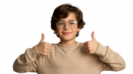 Smiling Young Boy Wearing Glasses Giving Two Thumbs Up For Positive Feedback And Approval Concept On Transparent Background