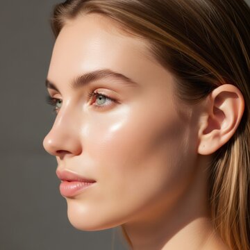 Woman close up side view portrait of healthy skin. Natural beauty concept of facial skincare and cosmetic treatment for wellness.