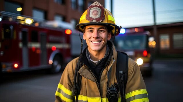 Portrait of a smiling firefighter in uniform, captured at eye level. Fire trucks in the background add a dynamic, heroic video-like atmosphere.