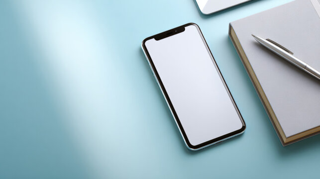 Modern smartphone with blank screen next to closed notebook and silver pen on light blue surface in minimal workspace setup - Powered by Adobe