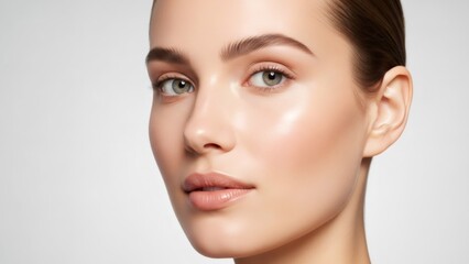 Close up of a woman with radiant skin and natural makeup. Beauty and skincare concept for cosmetic product advertisement.
