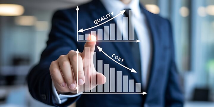 Person in suit interacting with holographic charts of quality increase and cost decrease - Powered by Adobe