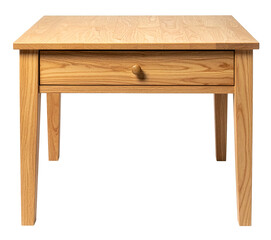 front view of light brown wooden table with single drawer isolated on white