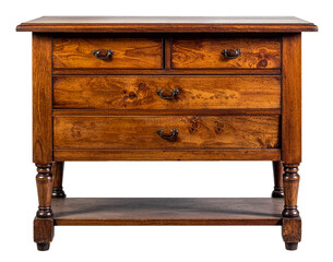 front view of antique wooden table with multiple drawers isolated on white