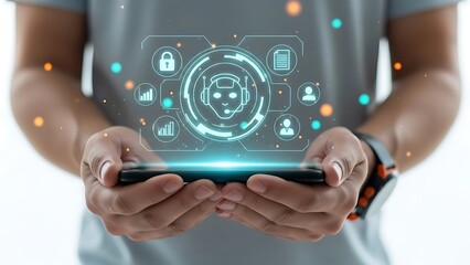 Person holding smartphone with futuristic interface and icons floating above screen technology concept