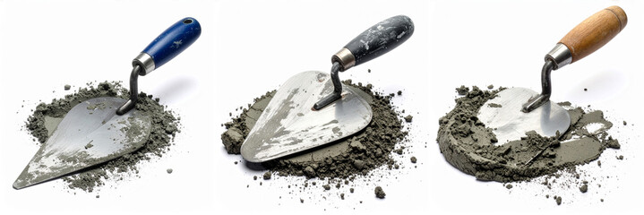 group of masonry trowel with grey cement isolated on white