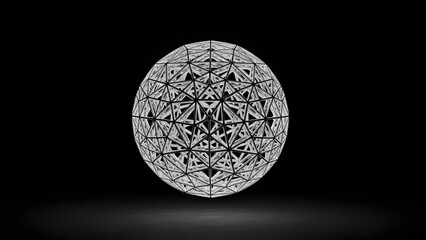 Geometric wireframe sphere abstract 3d design with symmetrical sacred geometry structure, futuristic technology concept isolated on dark background