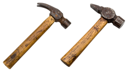 two old carpenter wooden hammer in different shapes isolated on white