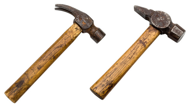 two old carpenter wooden hammer in different shapes isolated on white - Powered by Adobe