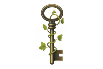 Brass key with green vine and leaves isolated isolated on a transparent background