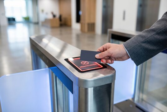 Corporate professional attempting access at security gate with deactivated card signaling challenges of digital identification systems and modern workplace security concerns