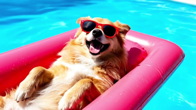 A happy golden retriever dog wearing red sunglasses relaxes on a pink float in a swimming pool. The water is bright blue.