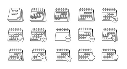 Calendar line icon pack featuring outline signs for graphic and web design, apps, adverts, and various cards. This vector cartoon illustration set includes daily planners, date selectors, and icons