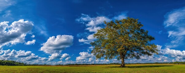 A solitary tree stands in a vast open field under a bright blue sky adorned with fluffy clouds, creating a serene natural scene.