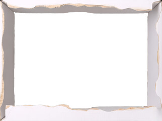 A white cutout cardboard frame with torned edges isolated on transparent background