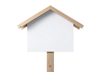 Simple wooden framed house shaped sign with blank white panel isolated on a transparent background home